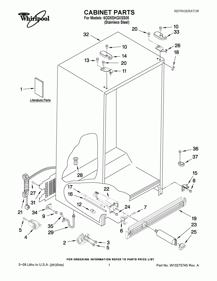 CABINET PARTS Diagram and Parts List for 6GD5SHGXSS05  Whirlpool Refrigerator