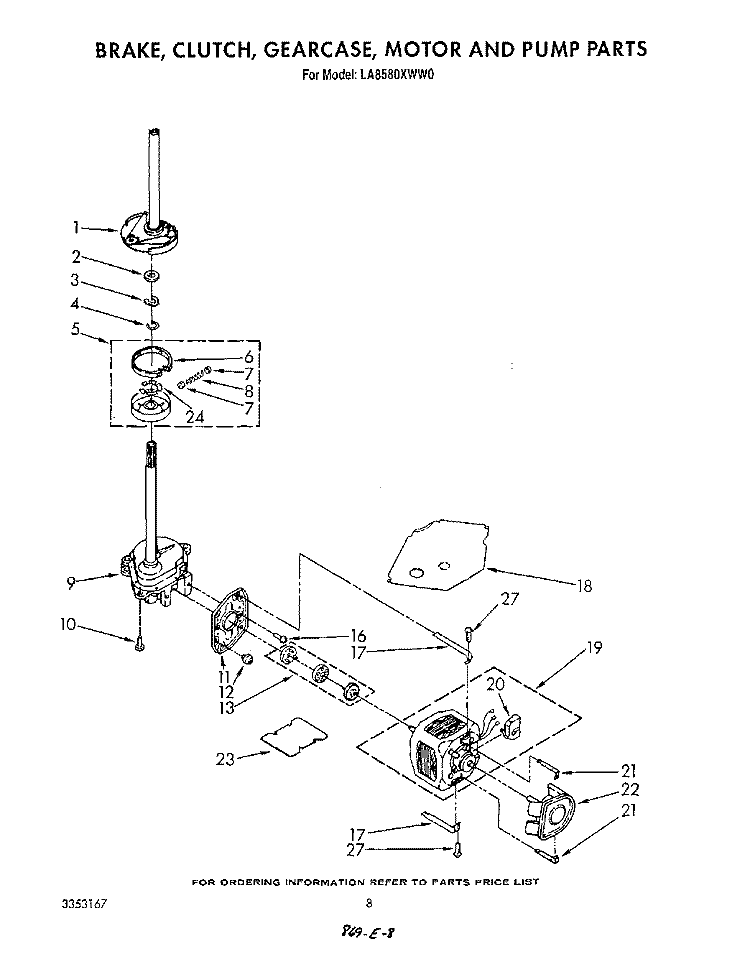 BRAKE, CLUTCH, GEARCASE, MOTOR AND PUMP Diagram and Parts List for LA8580XWN0  Whirlpool Washer