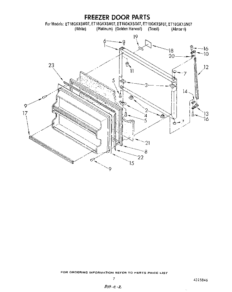FREEZER DOOR Diagram and Parts List for ET18GKXSW07  Whirlpool Refrigerator