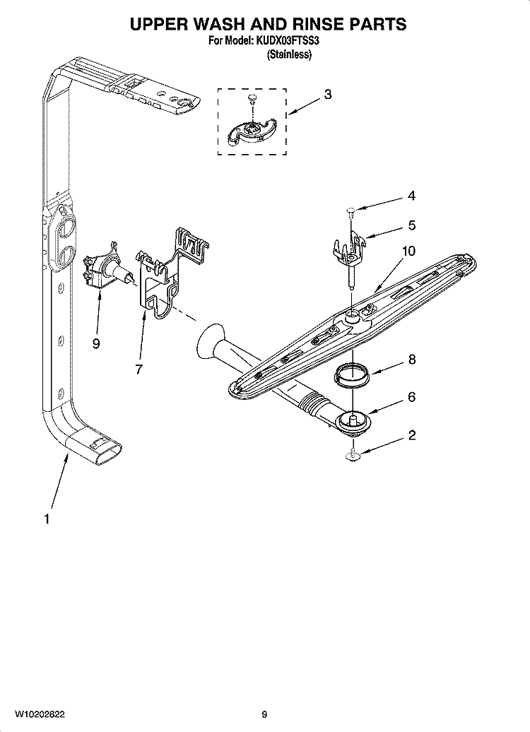 UPPER WASH AND RINSE PARTS Diagram and Parts List for KUDX03FTSS3  KitchenAid Dishwasher