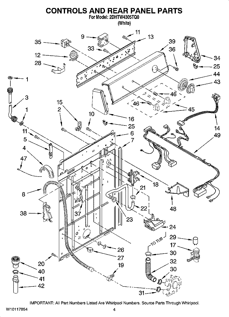 CONTROLS AND REAR PANEL PARTS Diagram and Parts List for 2DHTW4305TQ0  Whirlpool Washer