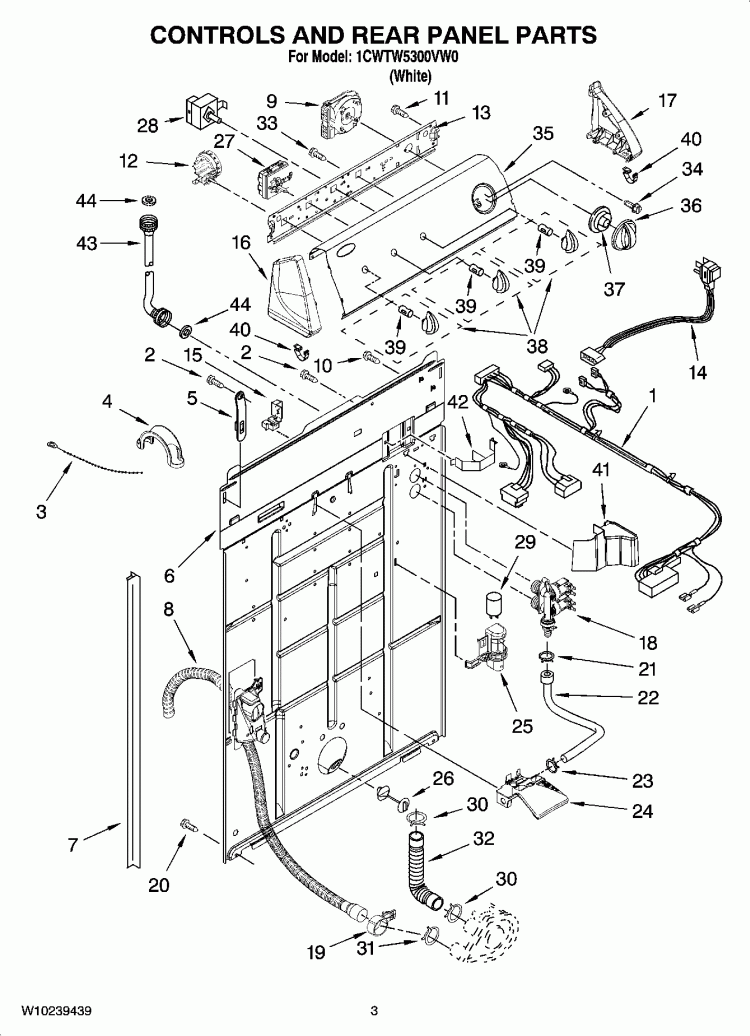 CONTROLS AND REAR PANEL PARTS Diagram and Parts List for 1CWTW5300VW0  Whirlpool Washer