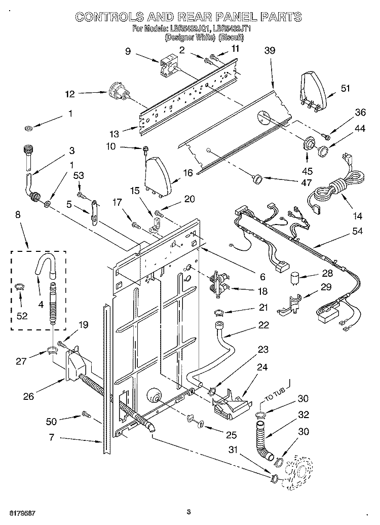 CONTROLS AND REAR PANEL Diagram and Parts List for LBR5432JQ1  Whirlpool Washer