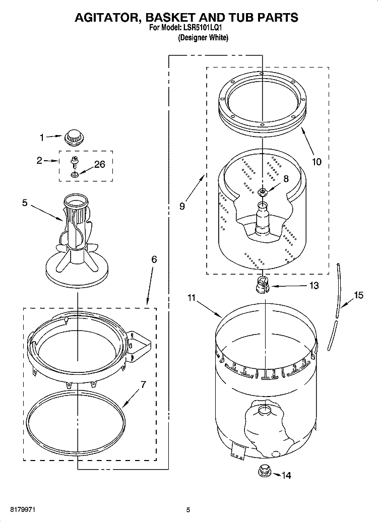 AGITATOR, BASKET AND TUB PARTS Diagram and Parts List for LSR5101LQ1  Whirlpool Washer