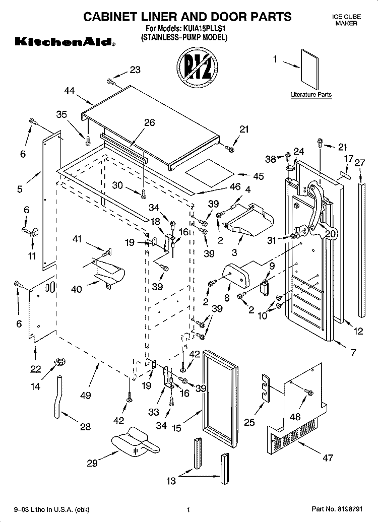 CABINET LINER AND DOOR PARTS Diagram and Parts List for KUIA15PLLS1  KitchenAid Ice Maker