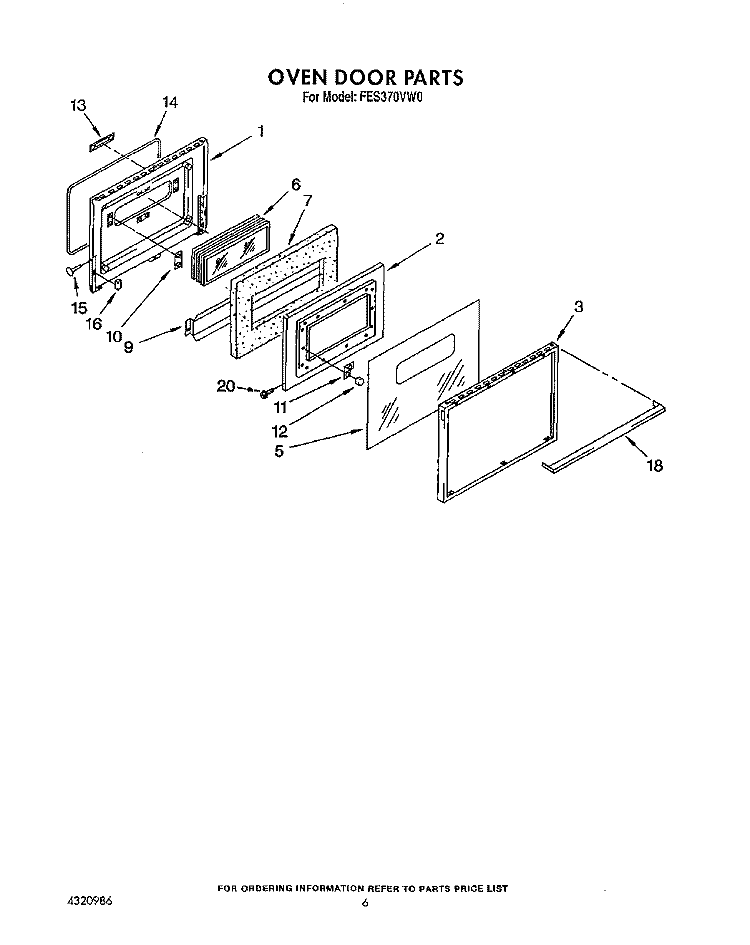 OVEN DOOR Diagram and Parts List for FES370VX0  Whirlpool Range