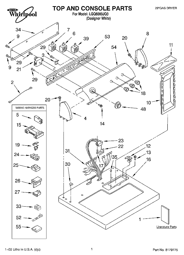 TOP AND CONSOLE, LITERATURE Diagram and Parts List for LGQ8000JQ3  Whirlpool Dryer