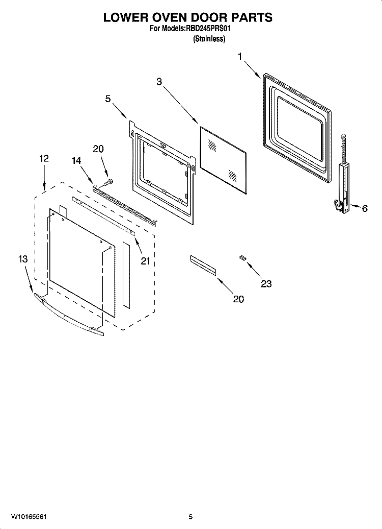 LOWER OVEN DOOR PARTS Diagram and Parts List for RBD245PRS01  Whirlpool Wall Oven