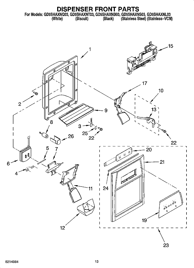 DISPENSER FRONT PARTS Diagram and Parts List for GD5SHAXNS03  Whirlpool Refrigerator