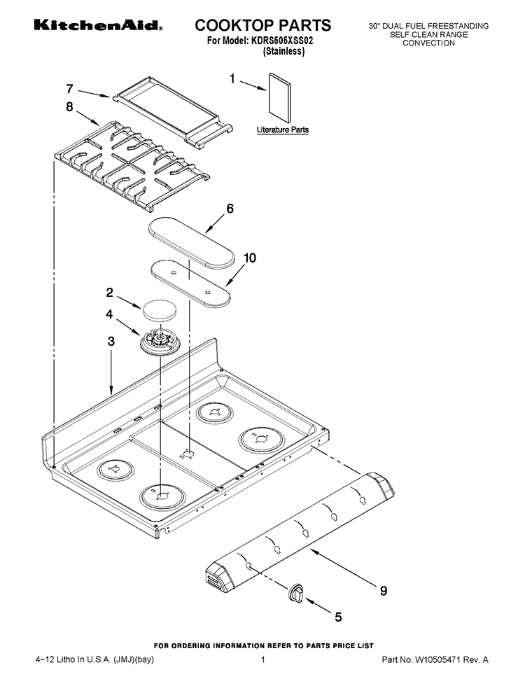 COOKTOP PARTS Diagram and Parts List for KDRS505XSS02  KitchenAid Range