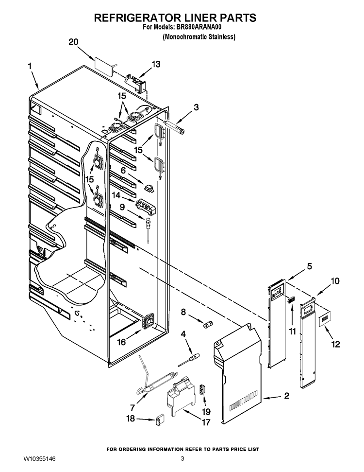 REFRIGERATOR LINER PARTS Diagram and Parts List for BRS80ARANA00  Whirlpool Refrigerator