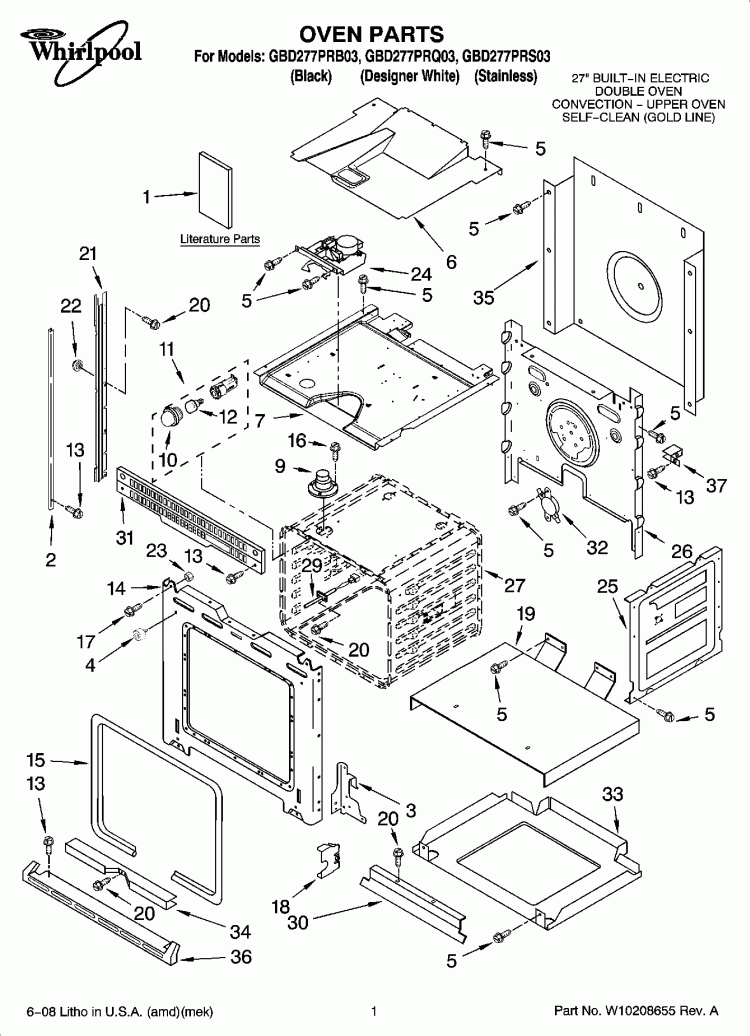 OVEN PARTS Diagram and Parts List for GBD277PRB03  Whirlpool Wall Oven