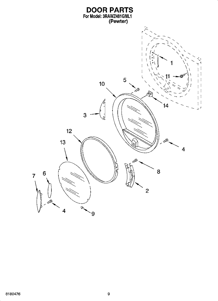 DOOR PARTS, OPTIONAL PARTS (NOT INCLUDED) Diagram and Parts List for 3RAWZ481GML1  Whirlpool Dryer
