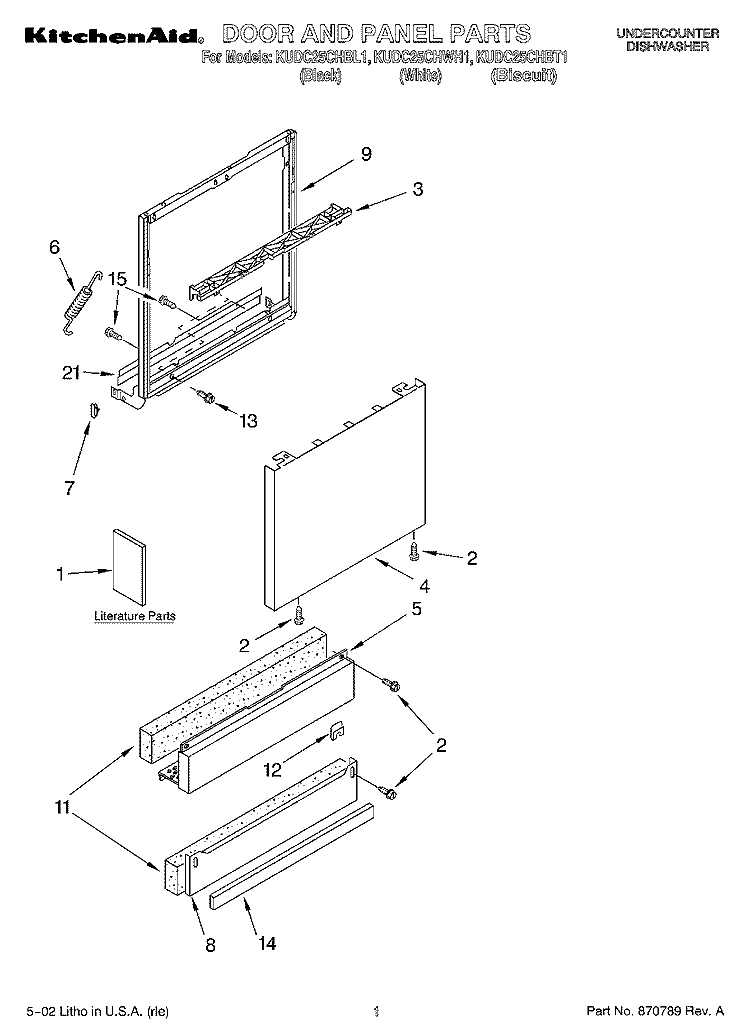 DOOR AND PANEL, LITERATURE Diagram and Parts List for KUDC25CHBT1  KitchenAid Dishwasher