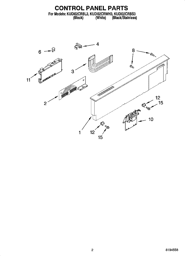 CONTROL PANEL PARTS Diagram and Parts List for KUDI02CRWH3  KitchenAid Dishwasher