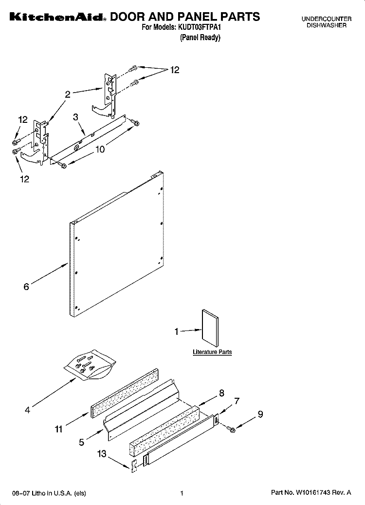 DOOR AND PANEL PARTS Diagram and Parts List for KUDT03FTPA1  KitchenAid Dishwasher