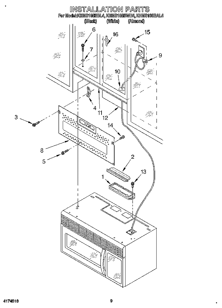 INSTALLATION Diagram and Parts List for KHMS105BBL4  KitchenAid Microwave
