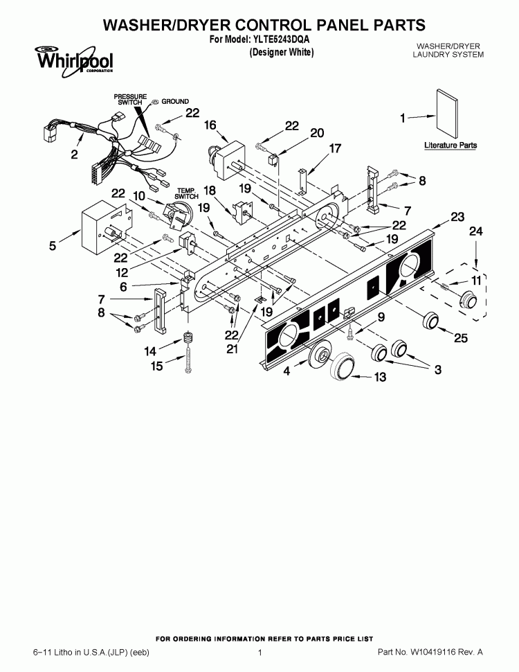 WASHER/DRYER CONTROL PANEL PARTS Diagram and Parts List for YLTE5243DQA  Whirlpool Washer Dryer Combo
