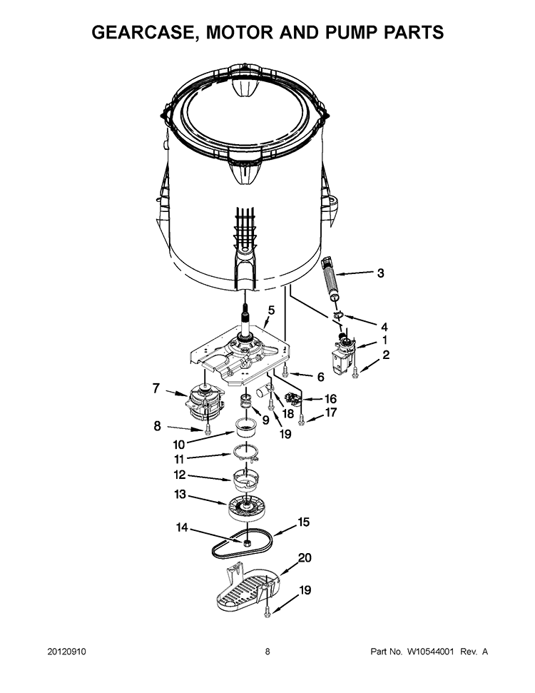 GEARCASE, MOTOR AND PUMP PARTS Diagram and Parts List for 7MWTW1500AQ0  Whirlpool Washer