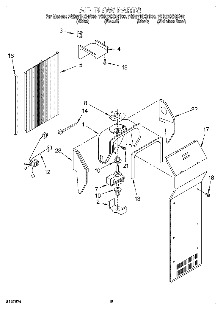 AIR FLOW Diagram and Parts List for 7GD27DIXHT00  Whirlpool Refrigerator