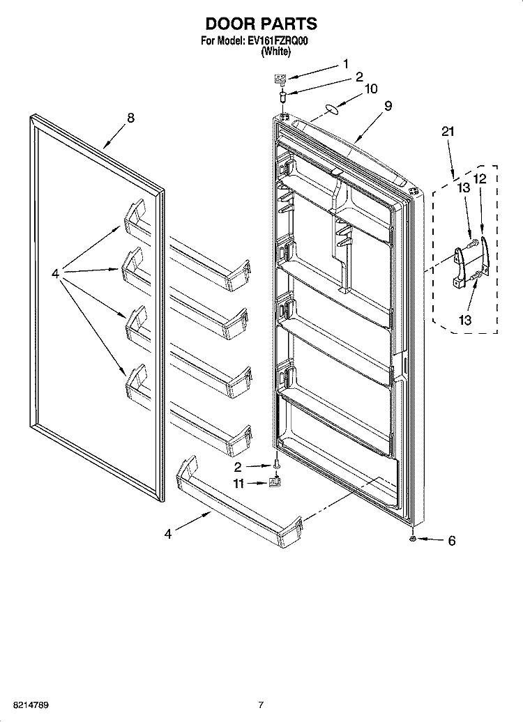 DOOR PARTS, OPTIONAL PARTS (NOT INCLUDED) Diagram and Parts List for EV161FZRQ00  Whirlpool Freezer