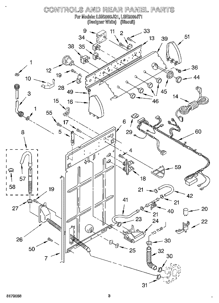 CONTROLS AND REAR PANEL Diagram and Parts List for LSN2000JT1  Whirlpool Washer