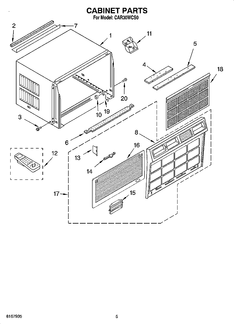 CABINET PARTS Diagram and Parts List for CAR30WCS0  Crosley Air Conditioner