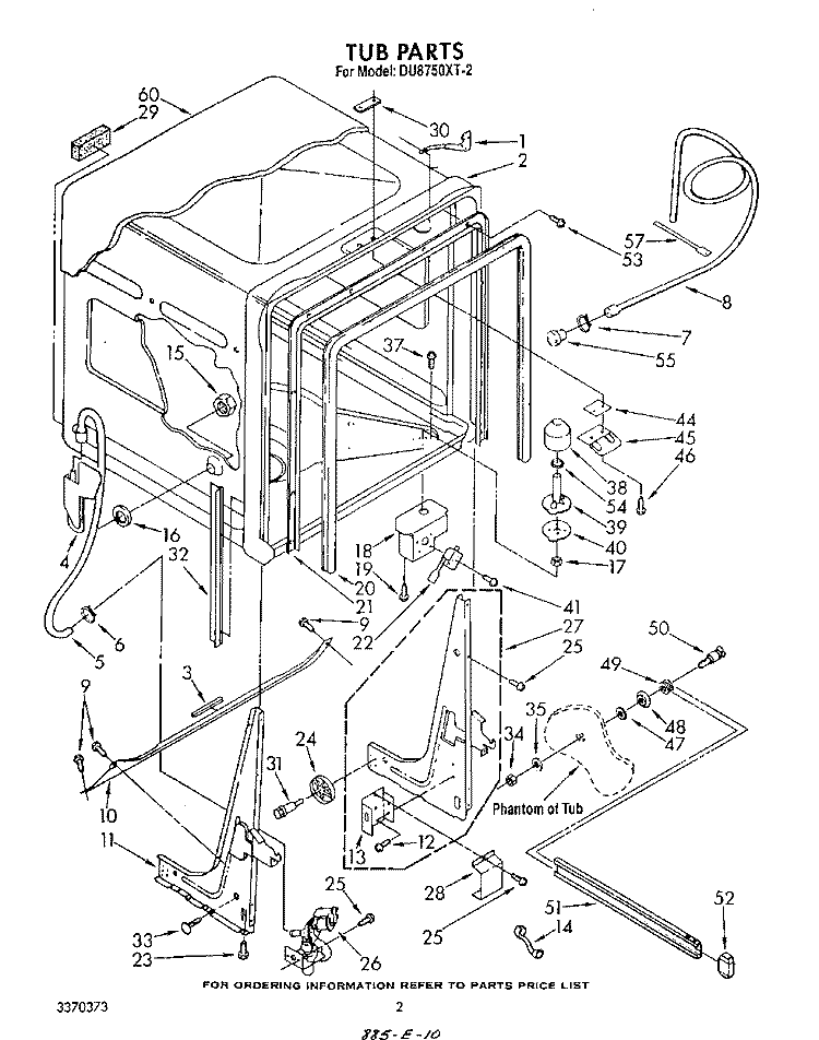 TUB , LITERATURE AND OPTIONAL Diagram and Parts List for DU8750XT2  Whirlpool Dishwasher