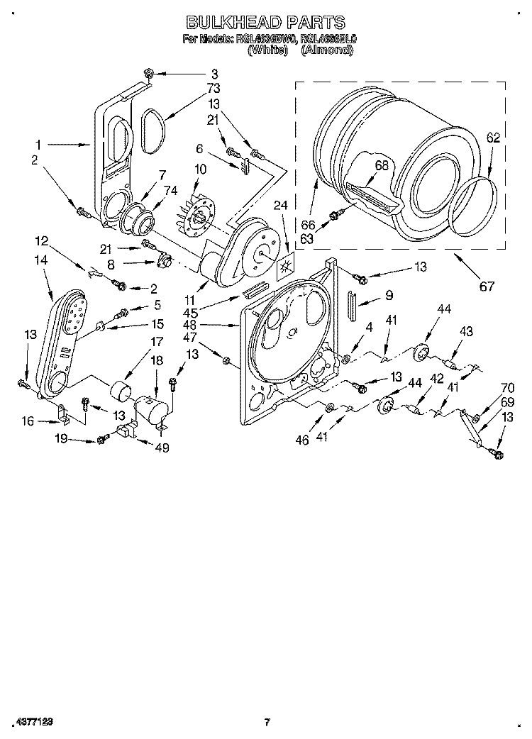 BULKHEAD Diagram and Parts List for RGL4636BW0  Roper Dryer