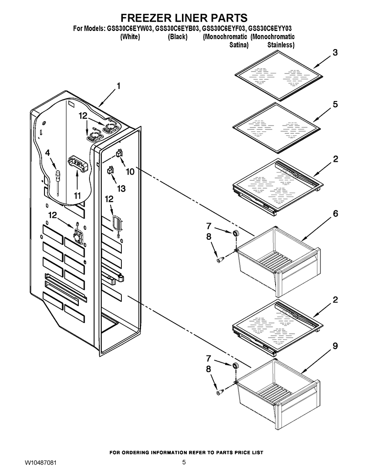 FREEZER LINER PARTS Diagram and Parts List for GSS30C6EYY03  Whirlpool Refrigerator
