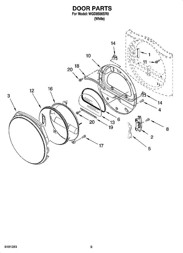 DOOR PARTS, OPTIONAL PARTS (NOT INCLUDED) Diagram and Parts List for WGD8500SR0  Whirlpool Dryer
