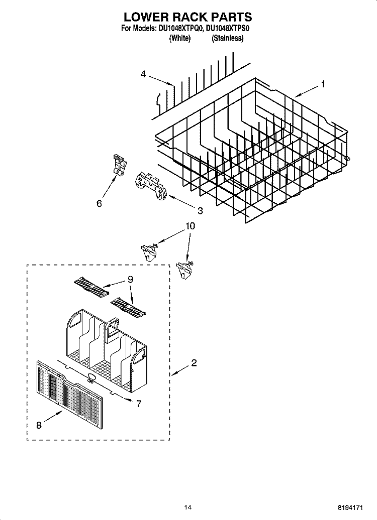 LOWER RACK PARTS, OPTIONAL PARTS (NOT INCLUDED) Diagram and Parts List for DU1048XTPS0  Whirlpool Dishwasher