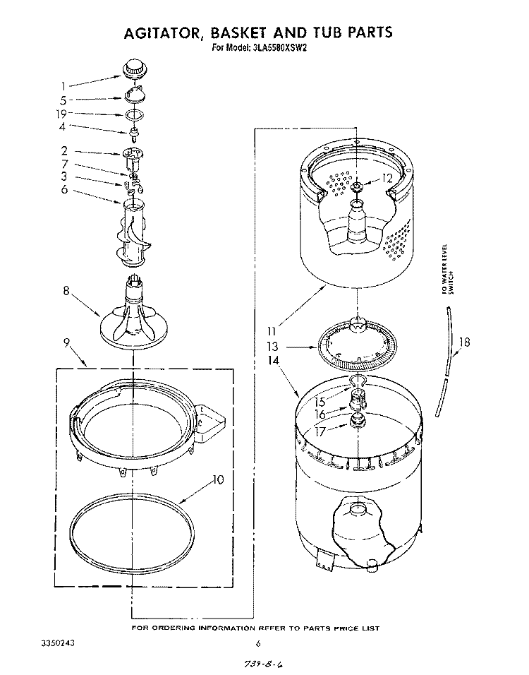 AGITATOR, BASKET AND TUB Diagram and Parts List for 3LA5580XSW2  Whirlpool Washer