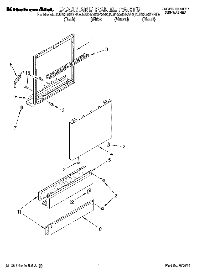 DOOR AND PANEL Diagram and Parts List for KUDM25SHBL0  KitchenAid Dishwasher