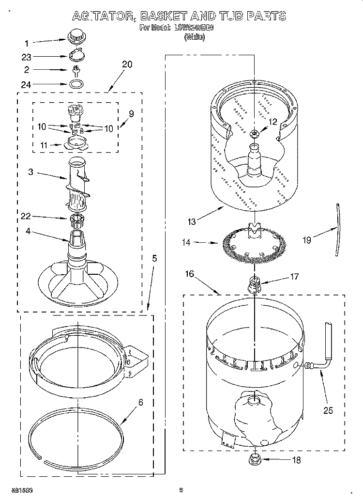AGITATOR, BASKET AND TUB Diagram and Parts List for LSW9245EQ0  Whirlpool Washer