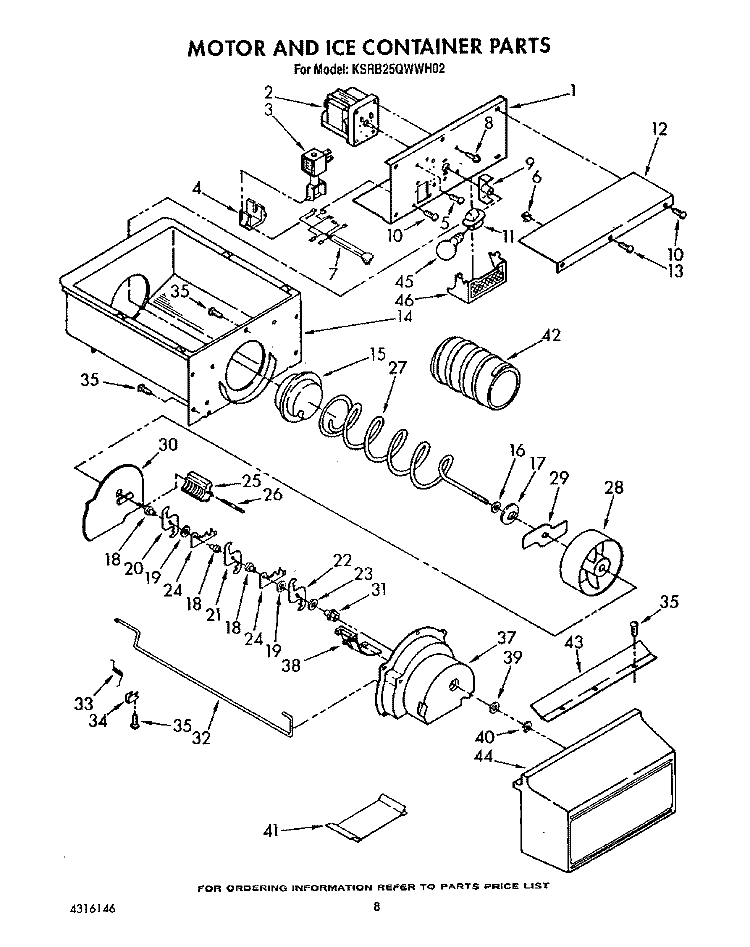 MOTOR AND ICE CONTAINER Diagram and Parts List for KSRB25QWAL02  KitchenAid Refrigerator