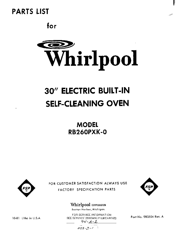 SECTION Diagram and Parts List for RB260PXK0  Whirlpool Wall Oven