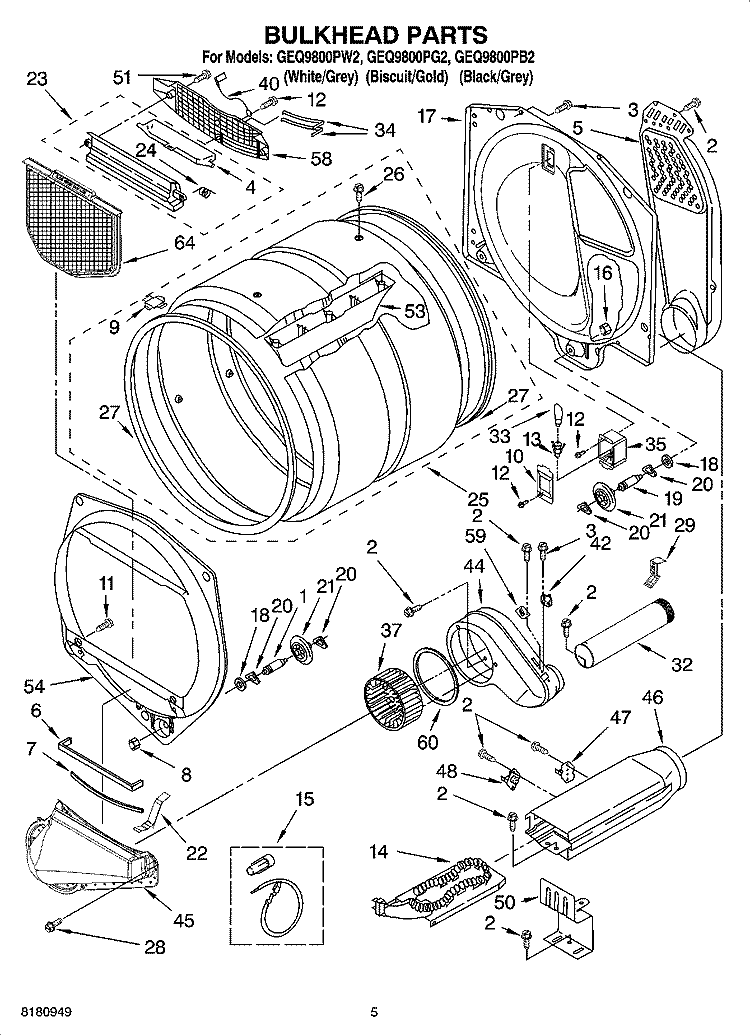 BULKHEAD PARTS, OPTIONAL PARTS (NOT INCLUDED) Diagram and Parts List for GEQ9800PB2  Whirlpool Dryer
