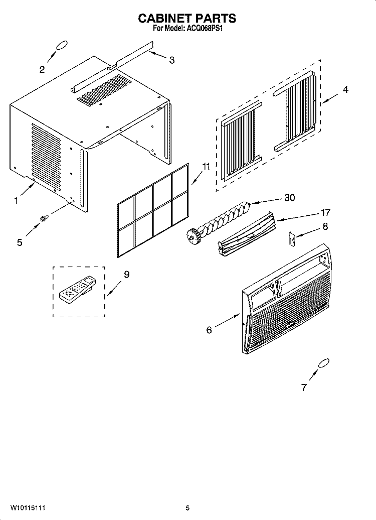 CABINET PARTS Diagram and Parts List for ACQ068PS1  Whirlpool Air Conditioner