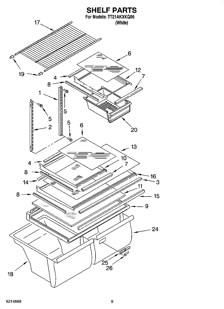 SHELF PARTS, OPTIONAL PARTS Diagram and Parts List for TT21AKXKQ06  Estate Refrigerator