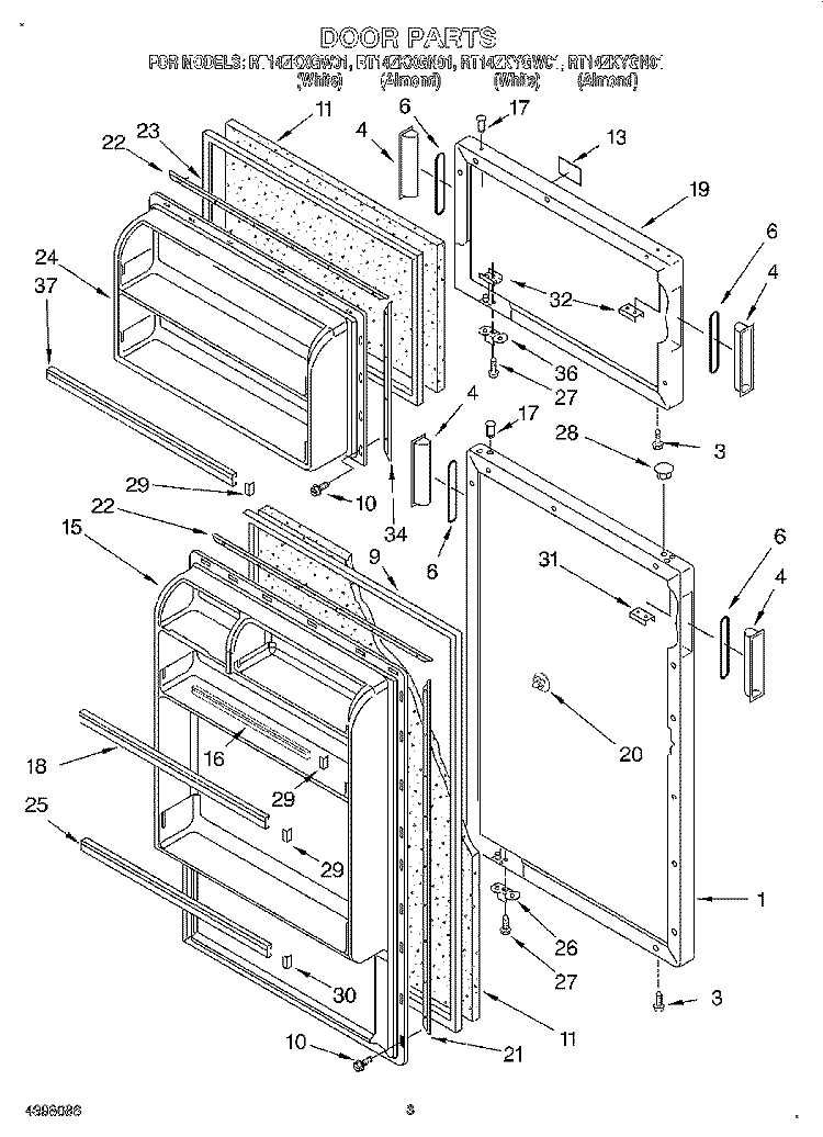 DOOR Diagram and Parts List for RT14ZKXGW01  Roper Refrigerator