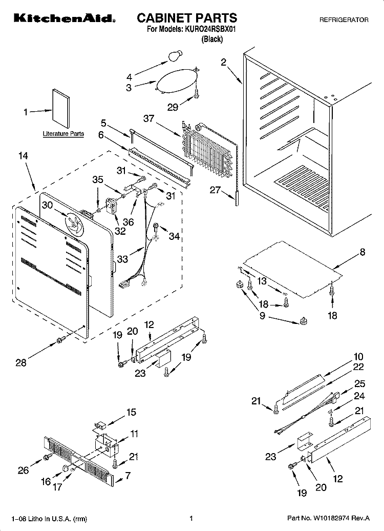CABINET PARTS Diagram and Parts List for KURO24RSBX01  KitchenAid Refrigerator