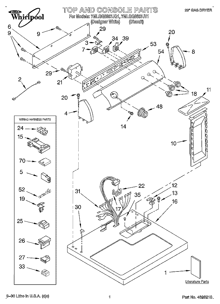 TOP AND CONSOLE, LIT/OPTIONAL Diagram and Parts List for 7MLGQ8857JQ1  Whirlpool Dryer