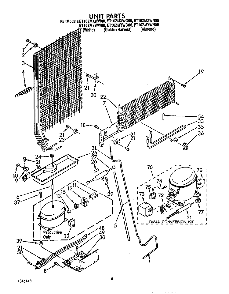 UNIT Diagram and Parts List for ET16ZMXWW00  Whirlpool Refrigerator