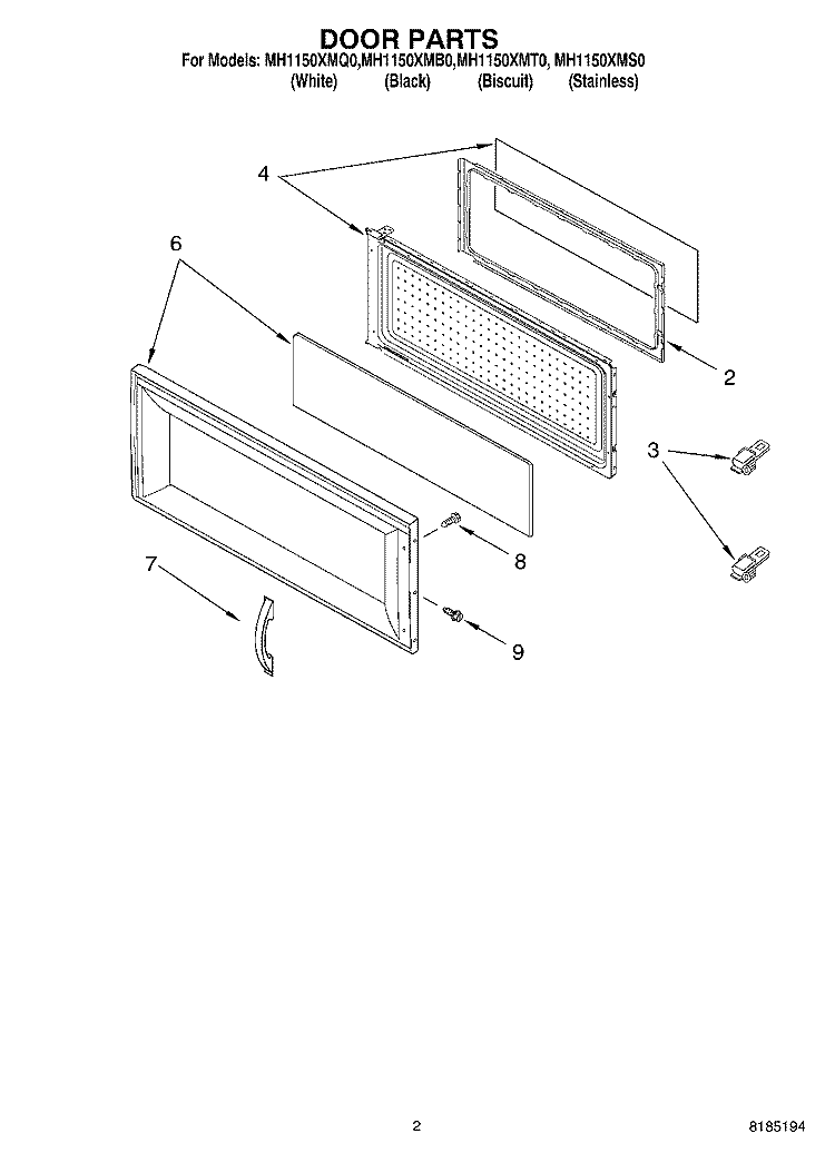 DOOR PARTS Diagram and Parts List for MH1150XMS0  Whirlpool Microwave