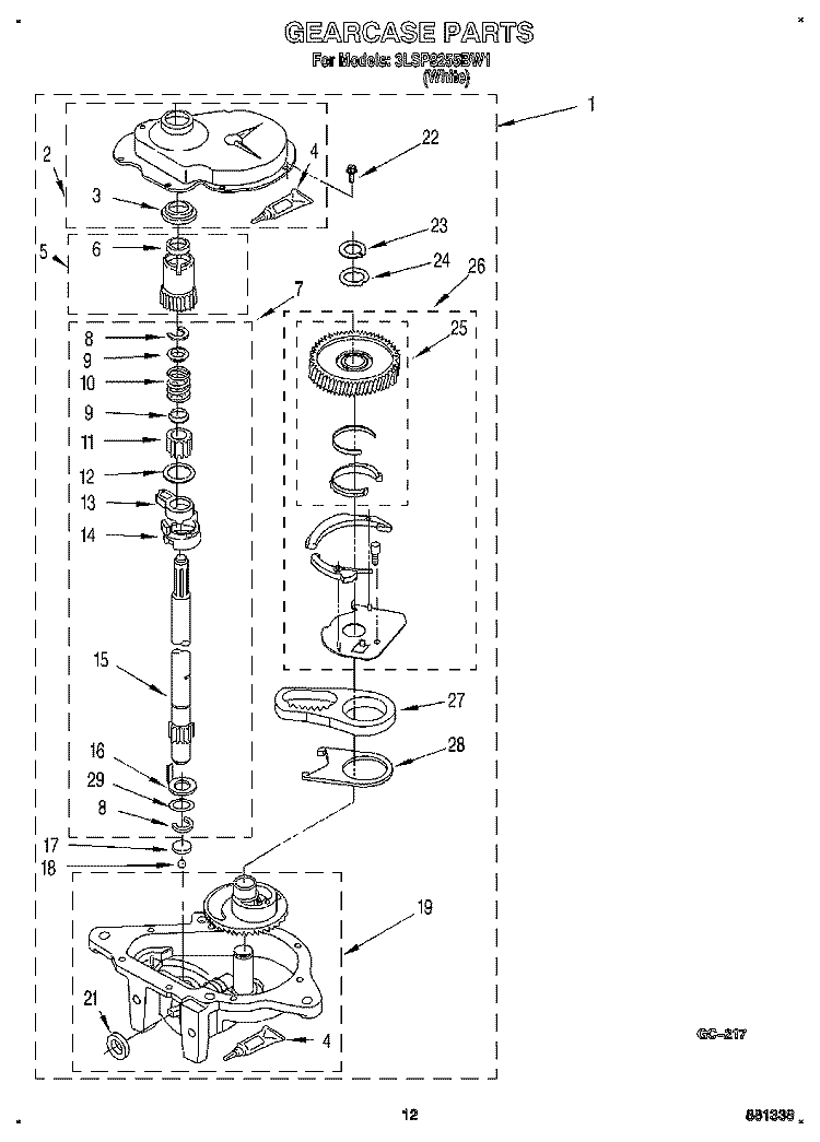GEARCASE Diagram and Parts List for 3LSP8255BW1  Whirlpool Washer