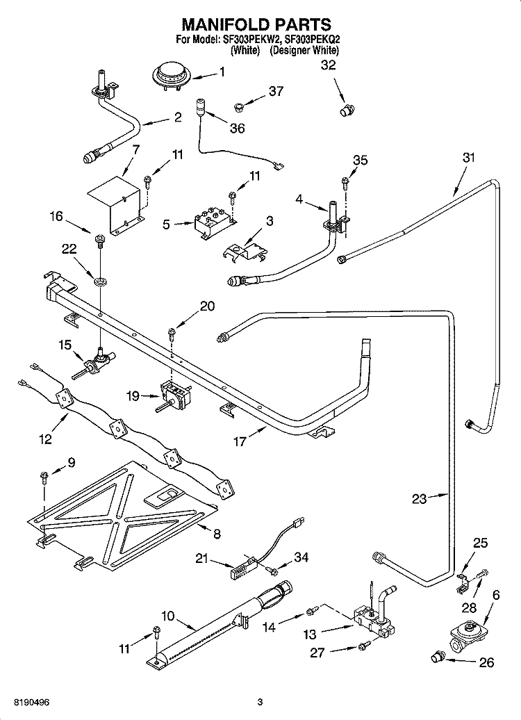 MANIFOLD PARTS Diagram and Parts List for SF303PEKW2  Whirlpool Range