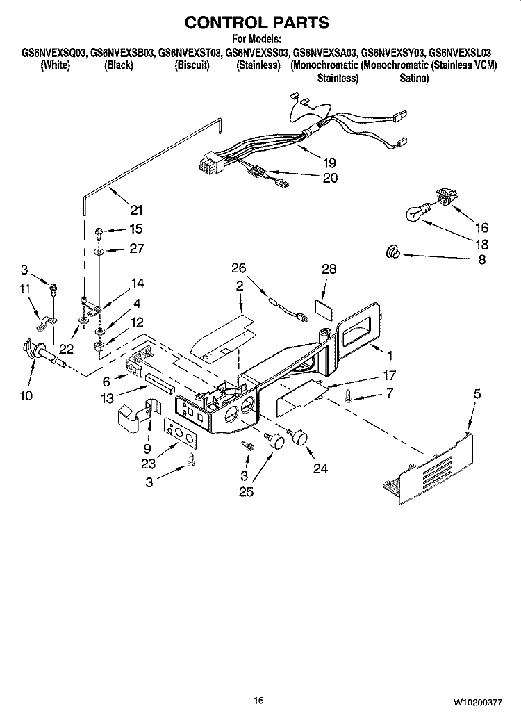 CONTROL PARTS Diagram and Parts List for GS6NVEXST03  Whirlpool Refrigerator