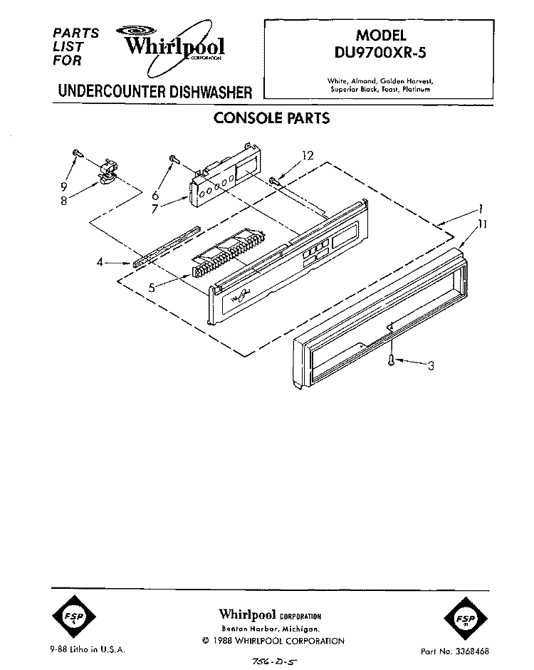 CONSOLE Diagram and Parts List for DU9700XR5  Whirlpool Dishwasher