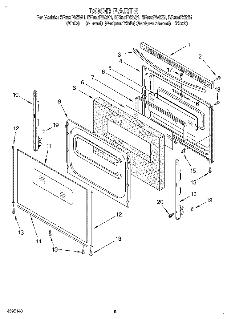 DOOR Diagram and Parts List for RF386PXGN1  Whirlpool Range